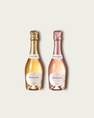 Two French Bloom half bottles, Le Blanc with pale golden liquid and a metallic gold foil top and Le Rosé with pale pink liquid and a metallic rose-gold foil top, set against a light warm-gray background.