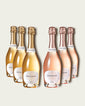 Six bottles of French Bloom sparkling wine, featuring three Le Blanc with pale golden liquid and gold foil tops and three Le Rosé with pale pink liquid and rose-gold foil tops, set against a light warm-gray background.
