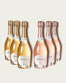 Six bottles of French Bloom sparkling wine, featuring three Le Blanc with pale golden liquid and gold foil tops and three Le Rosé with pale pink liquid and rose-gold foil tops, set against a light warm-gray background.