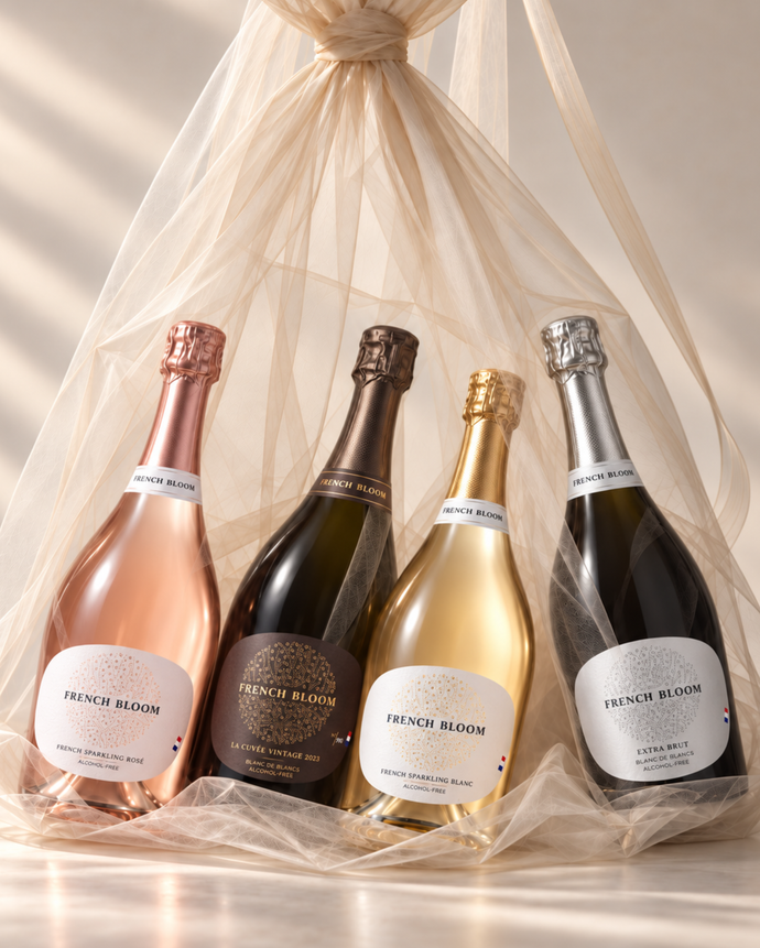 French Bloom collection featuring Le Rosé, La Cuvée, Le Blanc and Extra Brut wrapped in delicate fabric.