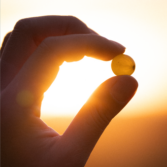 a grape between a person's fingers as the sun rises 