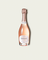 A bottle of French Bloom Le Rosé with pale pink liquid, a white label, and a metallic rose gold foil top, centered on a light beige background.
