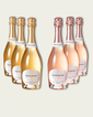 Six bottles of French Bloom sparkling wine, featuring three Le Blanc with pale golden liquid and gold foil tops and three Le Rosé with pale pink liquid and rose-gold foil tops, set against a light warm-gray background.