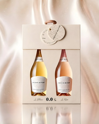 A boxed gift set containing two French Blossom sparkling wine bottles, one white and one rosé, presented in a cream-colored box with a hanging tag, set against a draped champagne-colored fabric background.