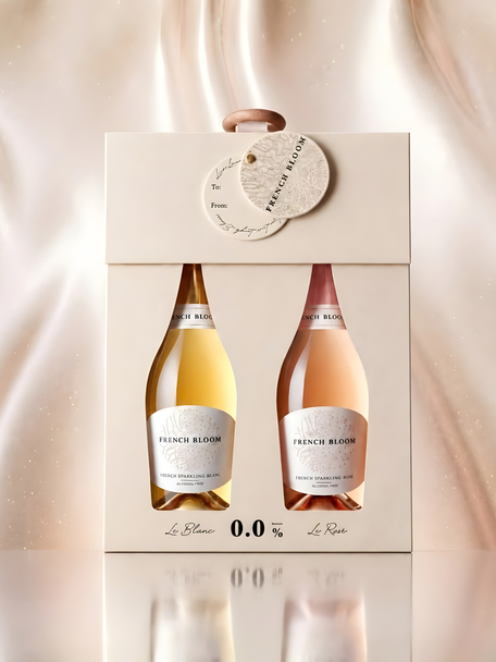 A boxed gift set containing two French Blossom sparkling wine bottles, one white and one rosé, presented in a cream-colored box with a hanging tag, set against a draped champagne-colored fabric background.